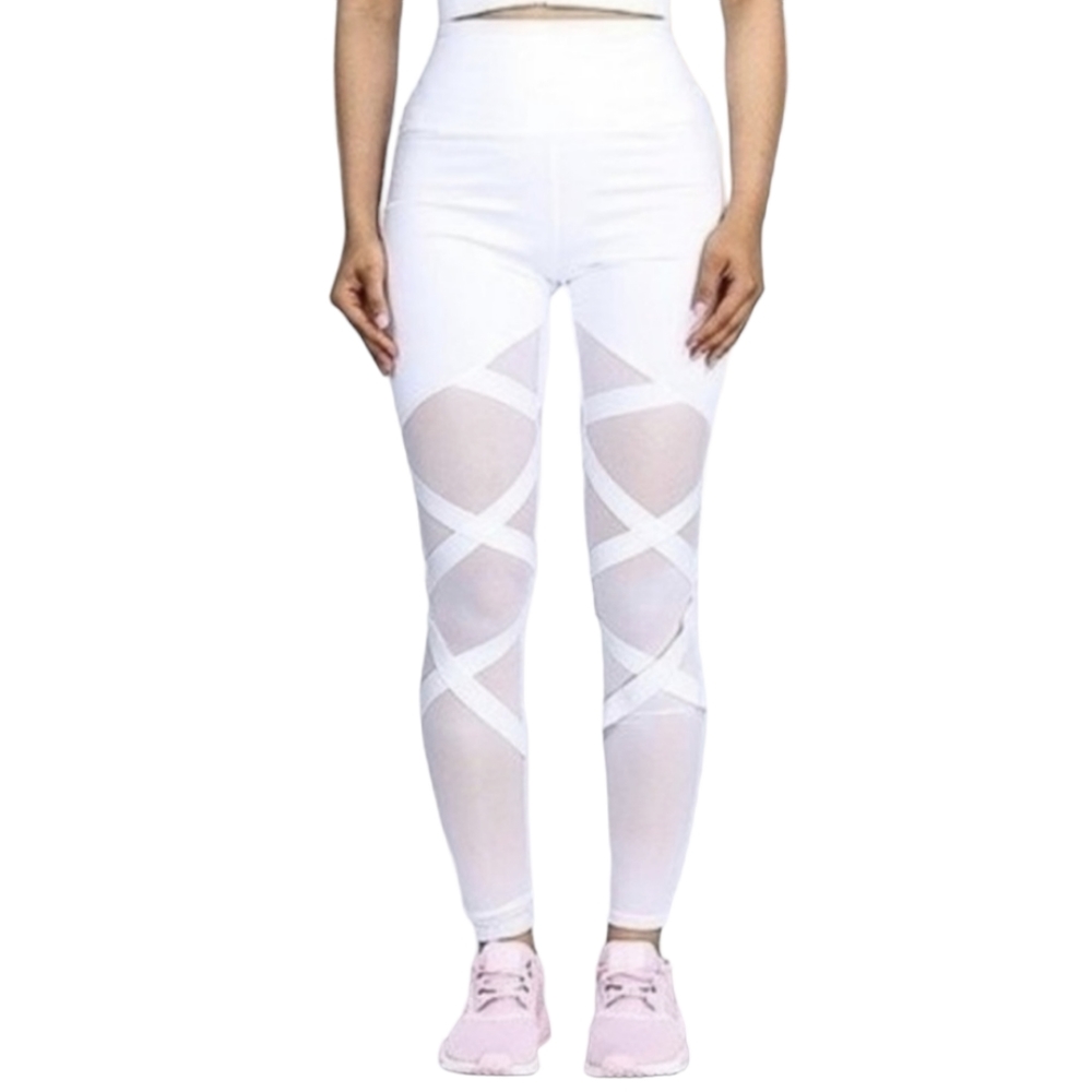 LA Society White Ballerina Mesh Criss-Cross Gym Leggings Size L